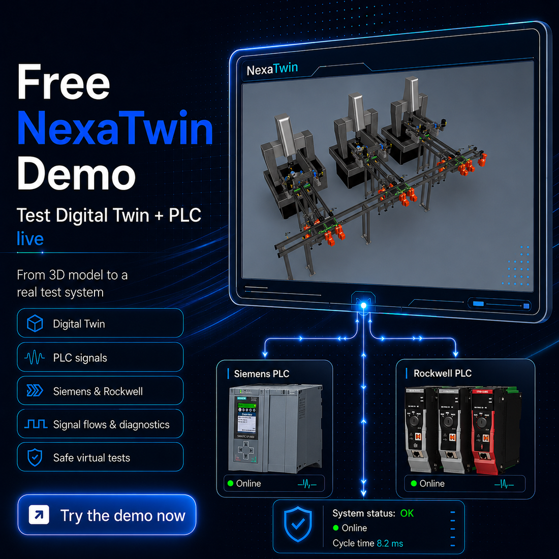 Kostenlose NexaTwin Demo: Digital Twin und SPS-/PLC-Signale live testen