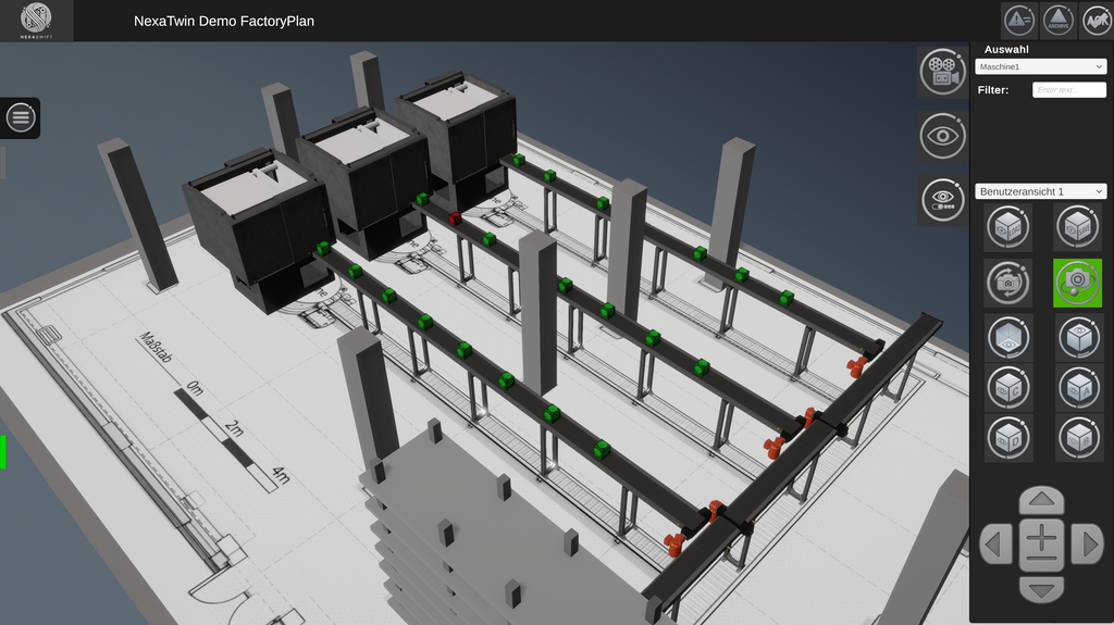 Dieses Bild zeigt eine Gesamtaufnahme des Vorschauzwillings Materialfluss Simulation. Man sieht drei verallgemeinerte produzierende Maschinen und ein Transportsystem, das die Produkte dann in ein Lager befördern.
