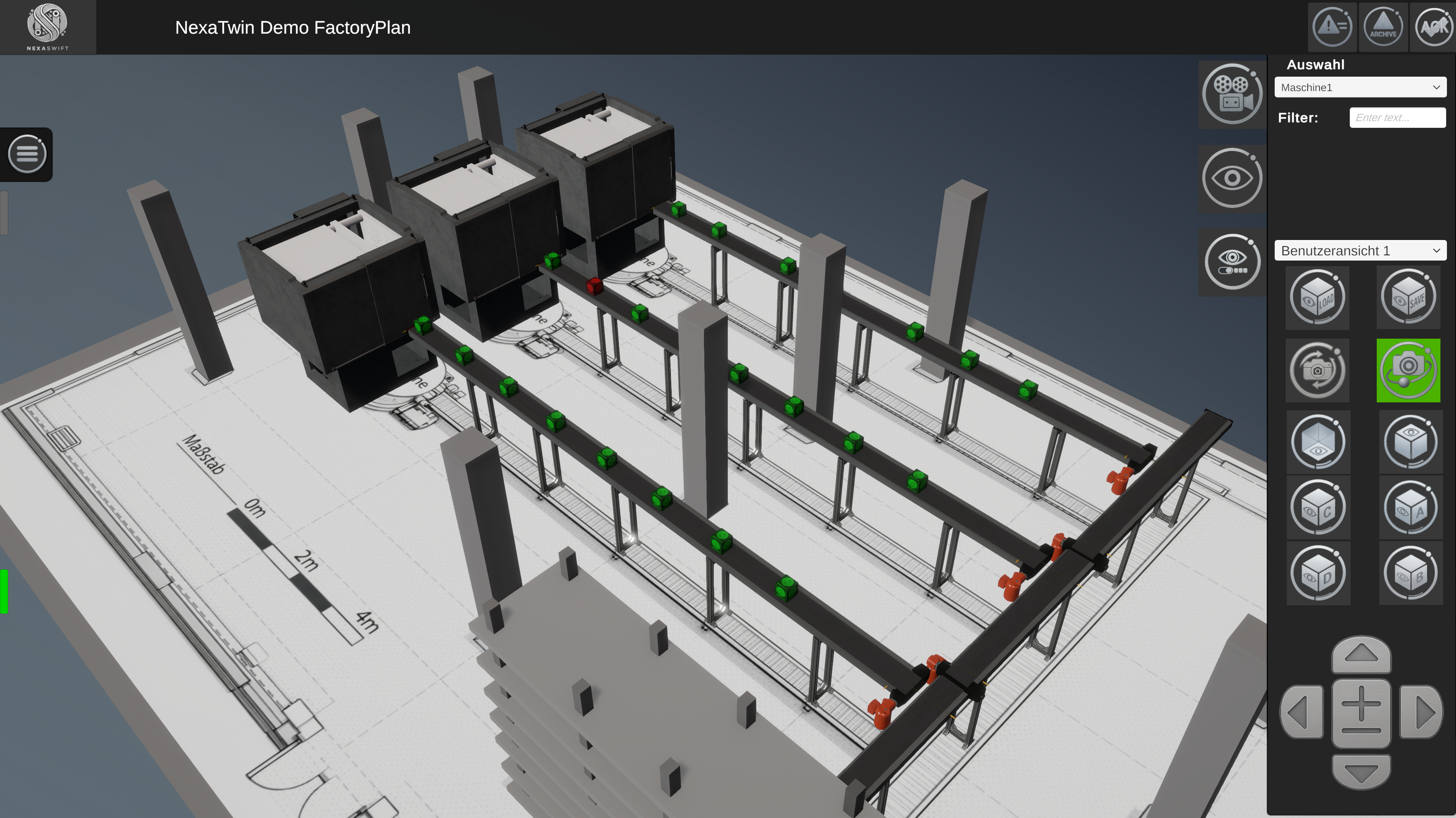 Dieses Bild zeigt eine Gesamtaufnahme des Vorschauzwillings Materialfluss Simulation. Man sieht drei verallgemeinerte produzierende Maschinen und ein Transportsystem, das die Produkte dann in ein Lager befördern.