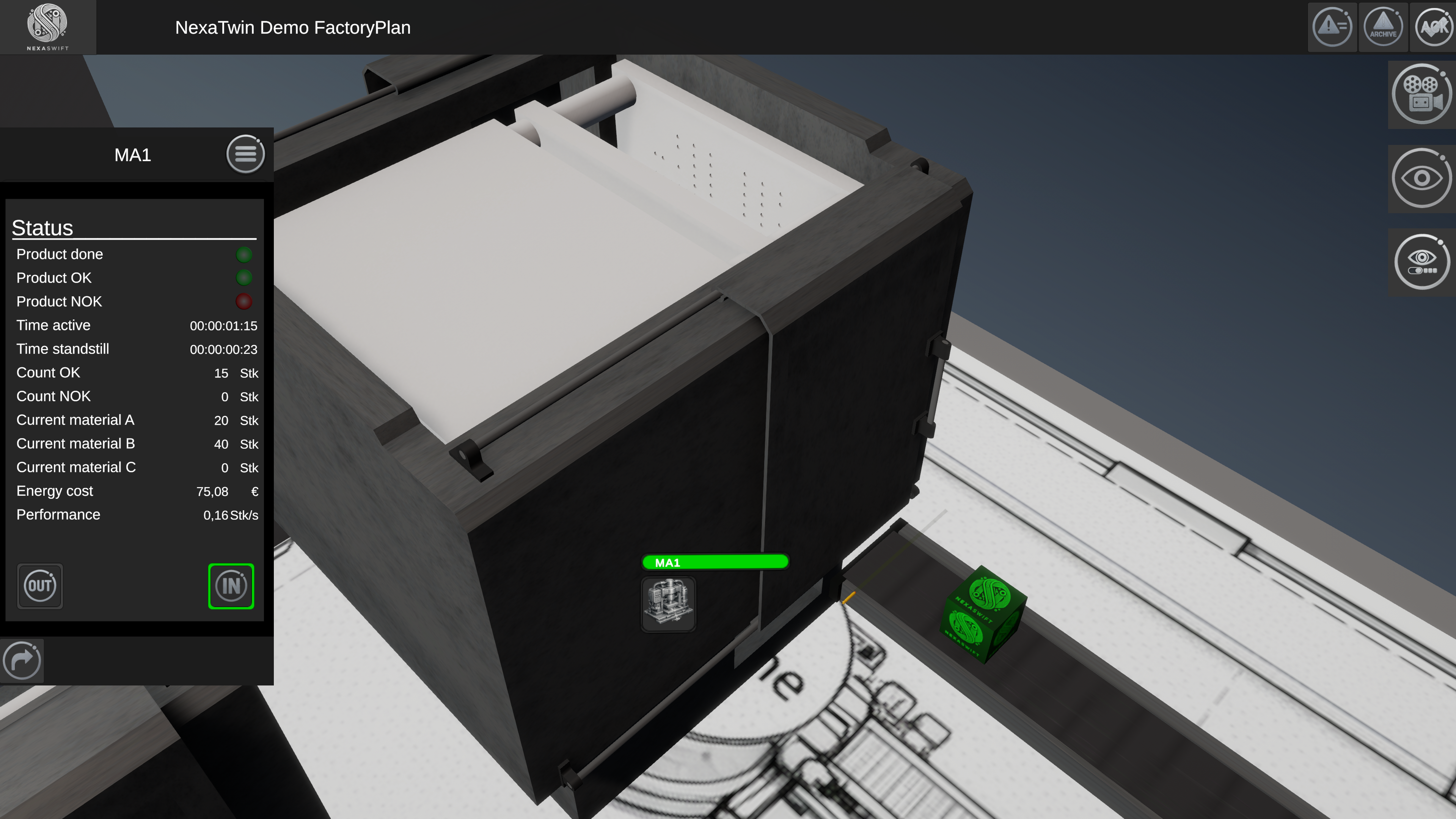 Dieses Bild zeigt eine Nahaufnahme des Vorschauzwillings Materialfluss Simulation. Man sieht eine der produzierenden verallgemeinerten Maschinen. 