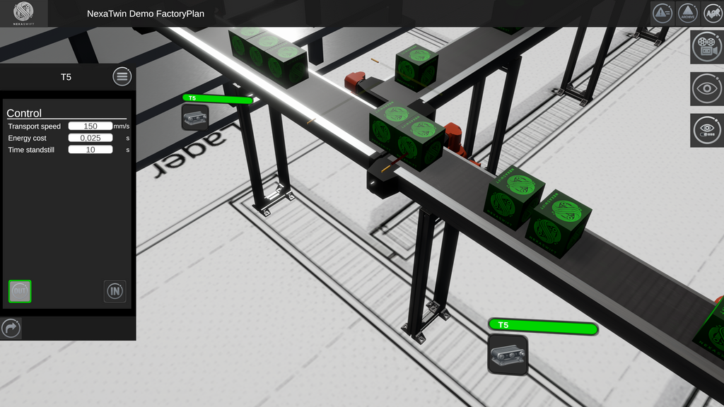 Dieses Bild zeigt eine Nahaufnahme des Vorschauzwillings Materialfluss Simulation. Man sieht Übergangspunkte der Produkte auf das letzte Band zum Lager.