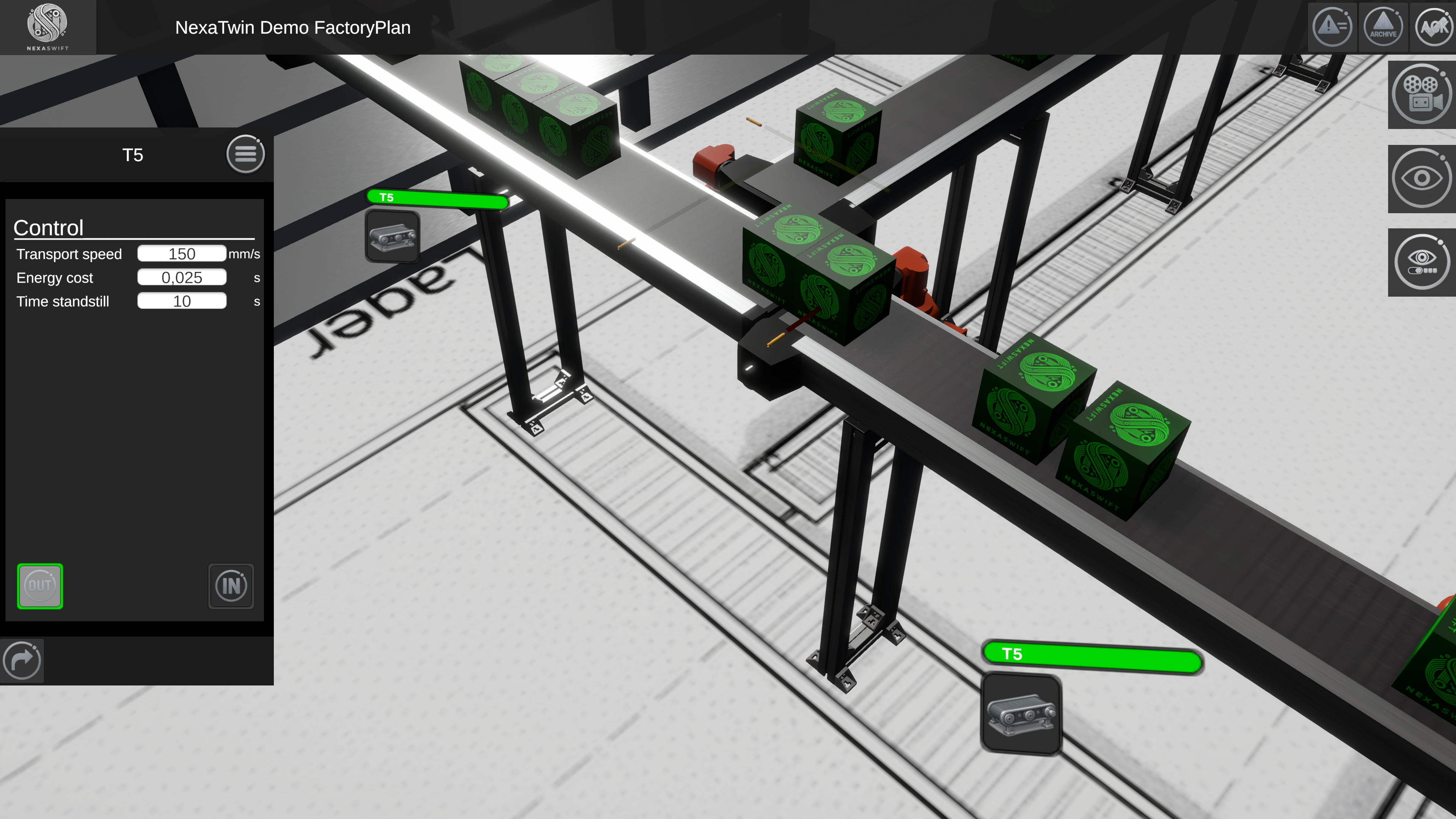 Dieses Bild zeigt eine Nahaufnahme des Vorschauzwillings Materialfluss Simulation. Man sieht Übergangspunkte der Produkte auf das letzte Band zum Lager.