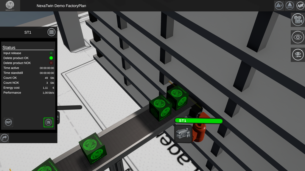 Dieses Bild zeigt eine Nahaufnahme des Vorschauzwillings Materialfluss Simulation. Man sieht das Lager und den Einlauf von Produkten in das Lager. 