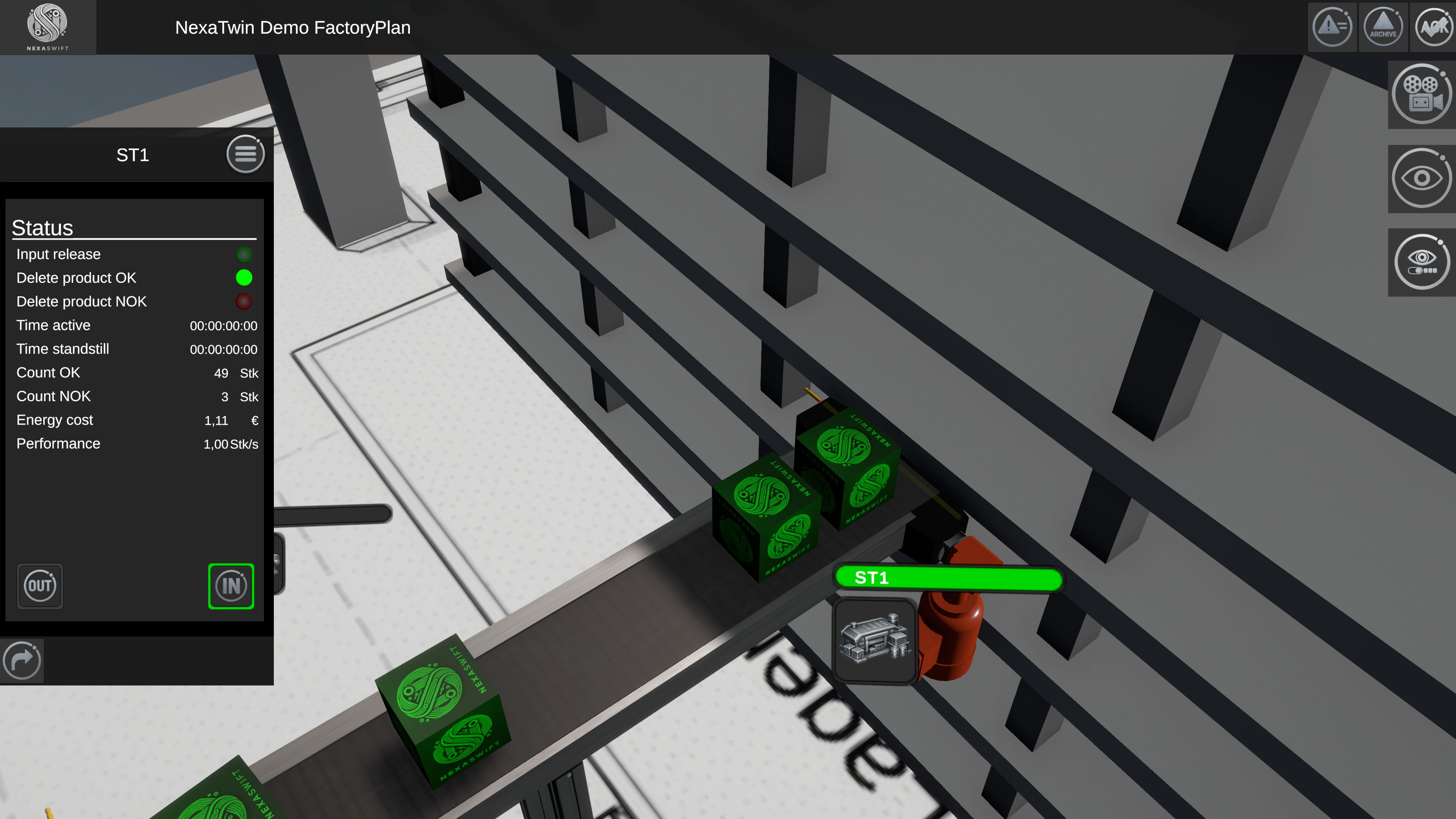 Dieses Bild zeigt eine Nahaufnahme des Vorschauzwillings Materialfluss Simulation. Man sieht das Lager und den Einlauf von Produkten in das Lager. 