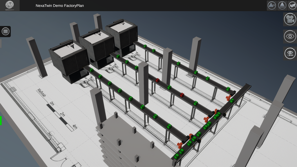 Dieses Bild zeigt eine Gesamtaufnahme des Vorschauzwillings Materialfluss Simulation. Man sieht alle drei produzierenden Maschinen, das Transportsystem und das Lager. 