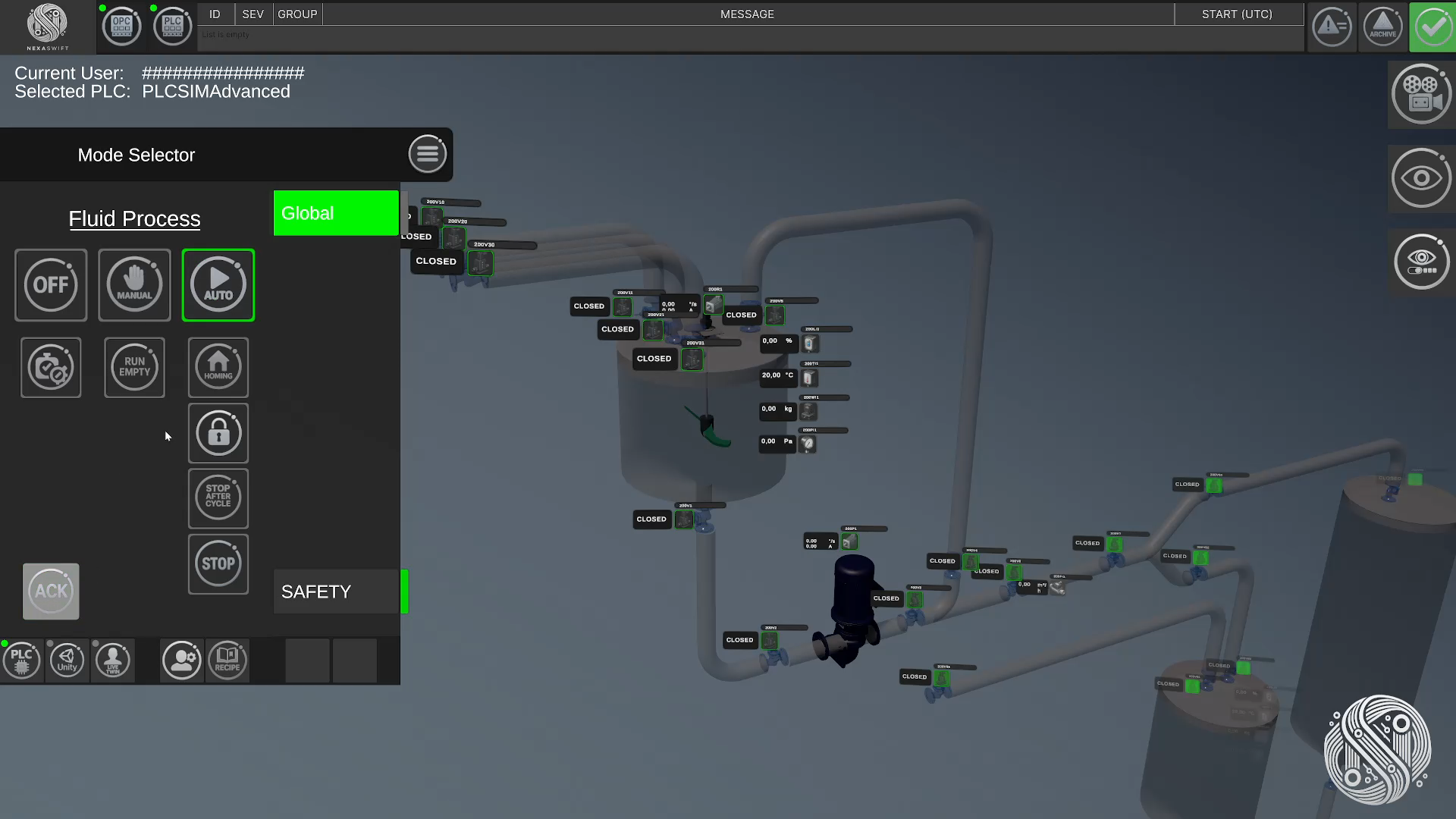 Dieses Bild zeigt den Schulungszwilling FluidProcess in Gesamtdarstellung mit teilgefülltem System mit eingeblendetem Mode Selector für den Automatikstart.
