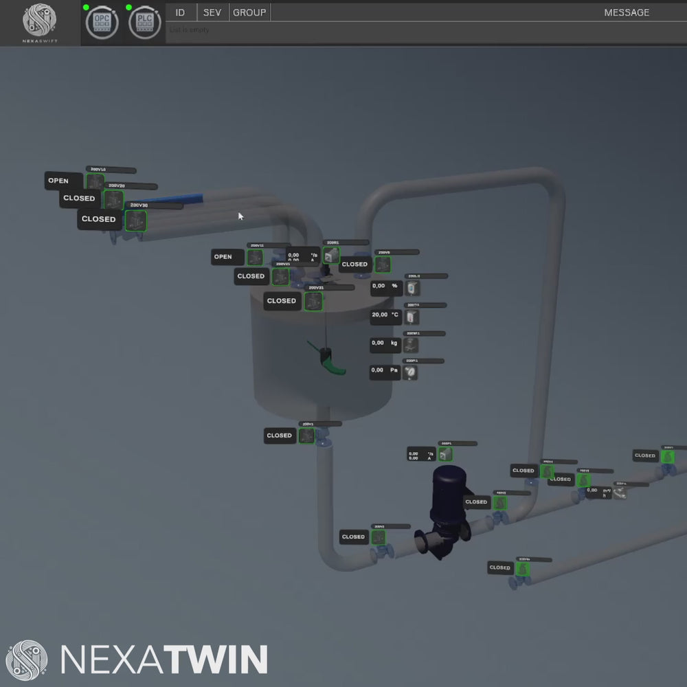 Video zeigt NexaTwin Schulungszwilling mit den FluidProcess Modell von NexaSwift. Hier wird gezeigt wie sich Ventile und Pumpen sowie Flüssigkeiten durch SPS Steuerbefehle bewegen.