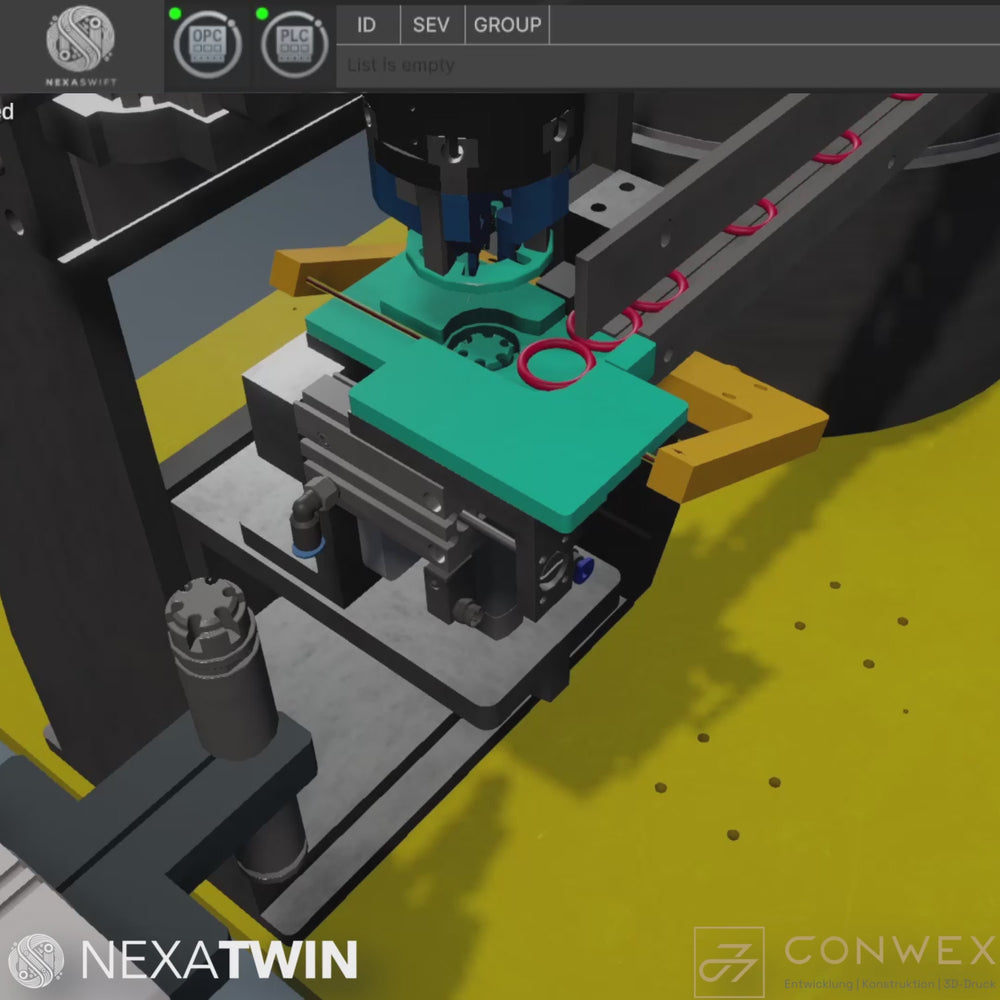 Video zeigt NexaTwin Schulungszwilling mit den O-Ring-Modell von Conwex. Hier wird gezeigt wie sich alle Bauteile als fertige Maschine durch SPS-bewegen.