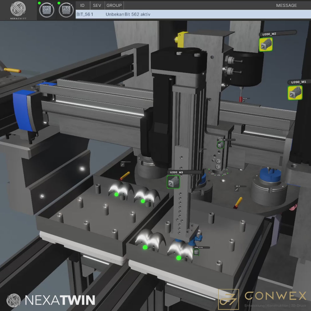 Video zeigt NexaTwin Schulungszwilling mit den Vermessungs-Modell von Conwex. Hier wird gezeigt wie sich alle Bauteile als fertige Maschine durch SPS-bewegen.