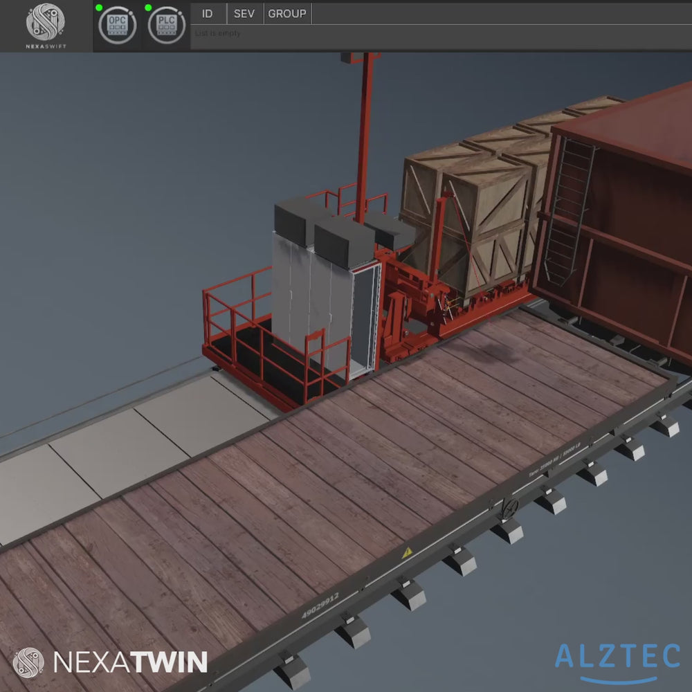 Video zeigt NexaTwin Schulungszwilling mit den Verlademodell von Alztec. Hier wird gezeigt wie sich alle Bauteile als fertige Maschine durch SPS-bewegen.